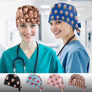 May include: Four different styles of surgical scrub hats. One hat features a pattern of many faces, another has a pattern of dogs, another has a pattern of hearts, and the last one has a pattern of paw prints.