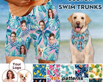 Custom Face Swimwear, Personalized Men Bathing Suit, Face on Surf Trunk, Swim Trunk with Face, Custom Board Short Dog Bandana, Gift for Dad