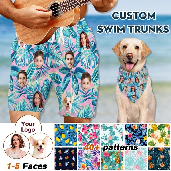 Custom Face Swimwear, Personalized Men Bathing Suit, Face on Surf Trunk, Swim Trunk with Face, Custom Board Short Dog Bandana, Gift for Dad