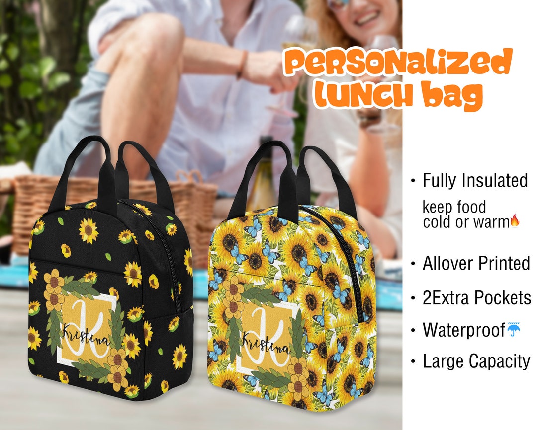 Sunflower Lunch Bag, Custom Lunch Tote, Insulated Lunch Bag With Name
