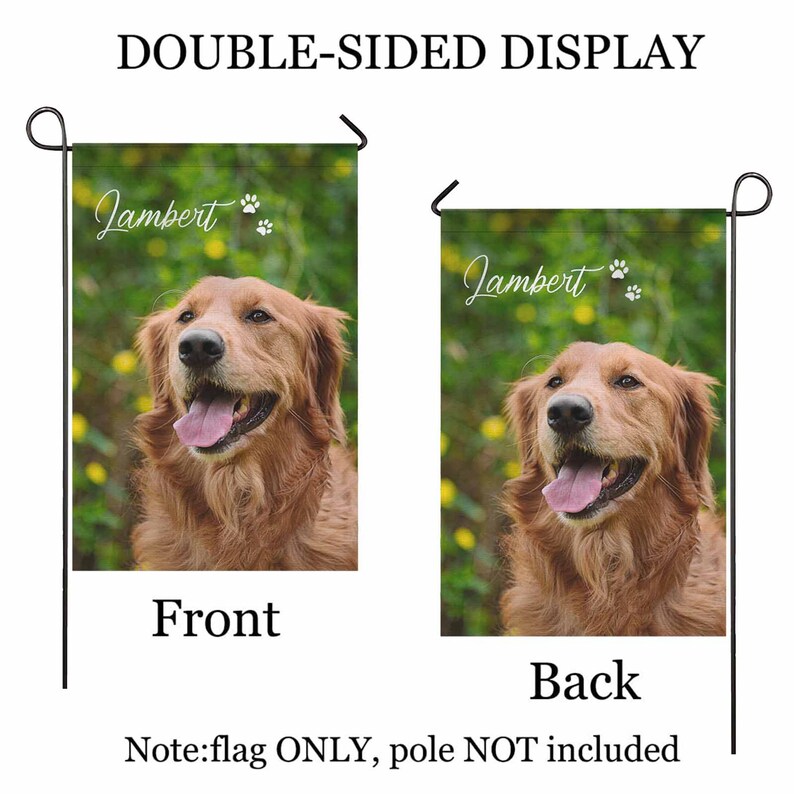 May include: Double-sided garden flag with a golden retriever portrait, the name "Jambert", and paw prints. The flag has a green background with yellow flowers. The text "Front" and "Back" are displayed below the images.