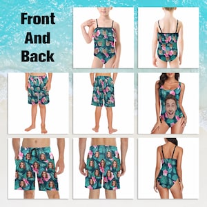 Peut inclure: Une collection de maillots de bain et de shorts de bain avec un motif tropical de feuilles de palmier vertes, de fleurs d'hibiscus roses et de visages personnalis&eacute;s r&eacute;p&eacute;t&eacute;s. L'image pr&eacute;sente des vues de face et de dos des mod&egrave;les.