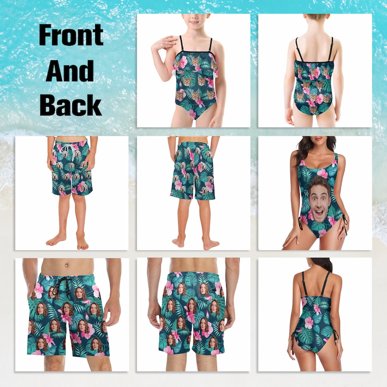 Peut inclure: Une collection de maillots de bain et de shorts de bain avec un motif tropical de feuilles de palmier vertes, de fleurs d'hibiscus roses et de visages personnalis&eacute;s r&eacute;p&eacute;t&eacute;s. L'image pr&eacute;sente des vues de face et de dos des mod&egrave;les.