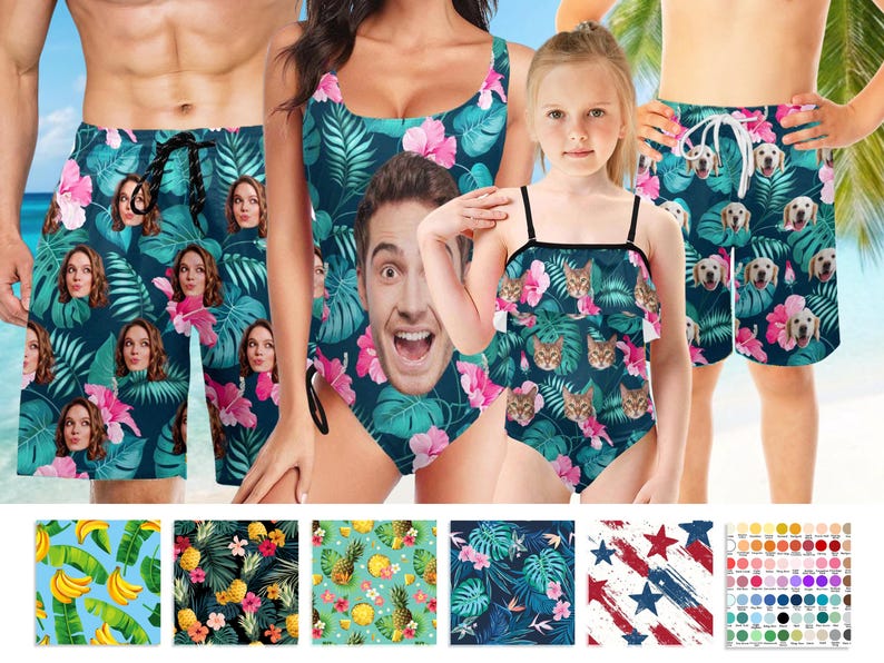 Peut inclure: Une collection de maillots de bain avec des photos personnalis&eacute;es de visages sur un fond bleu sarcelle fonc&eacute;, agr&eacute;ment&eacute; d'hibiscus roses et de feuilles tropicales vertes. L'ensemble comprend des shorts, un maillot une pi&egrave;ce et un bikini &agrave; volants.