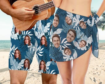 Custom Face Swimsuit Set: Personalized Couple Swimwear & Sarong
