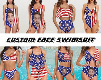 Custom Big Face Swimsuit, American Flag Design Swimsuit, Personalized One Piece Swimwear, Face on Bathing Suit, Custom Swimsuit with Face