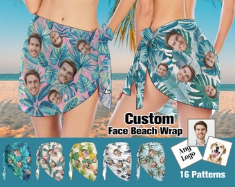 Custom Face Beach Wrap, Personalized Beach Sarong Wrap, Face Bikini Cover up, Customize Swimsuit Cover up, Short Beach Sarong Wrap, Tropical