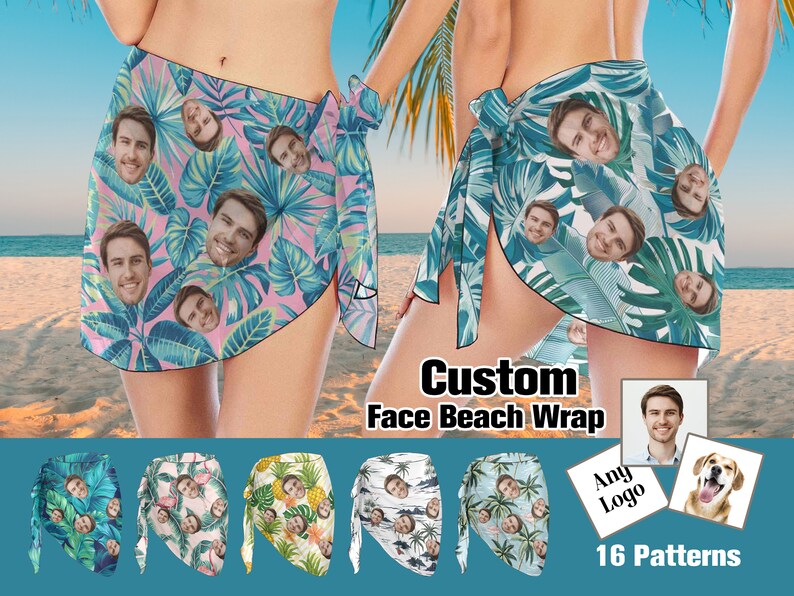 May include: Two people wearing custom face beach wraps with tropical leaf patterns. The wraps are available in 16 different patterns.  The text "Custom Face Beach Wrap" and "Any Logo" are visible in the image.