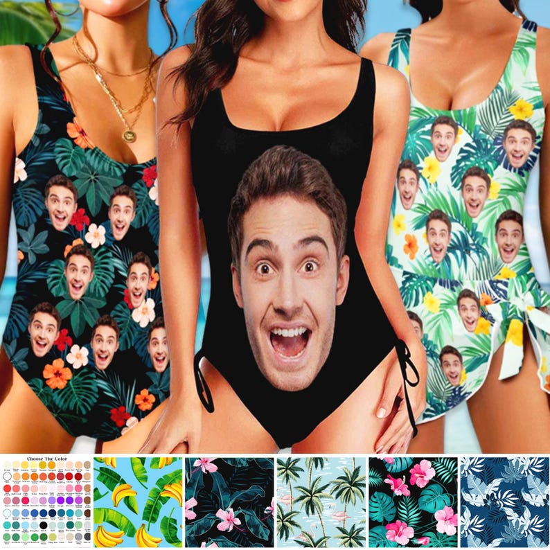 May include: Swimsuits with a repeating face pattern and tropical leaf designs. One-piece swimsuits in black, and with green and white floral patterns. A variety of color options are shown at the bottom of the image.