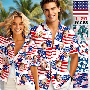 Custom Independence Day Shirt, Personalized Face man women kid Hawaiian Shirt, America Flag Hawaiian Shirt, Customize 4th of July Gift
