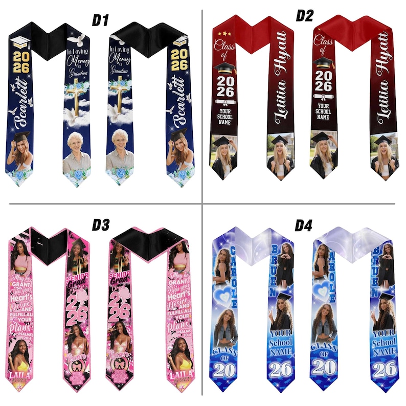 May include: Graduation stoles in various colors, featuring photos, names, and the year 2026. Designs include floral accents, crosses, and inspirational quotes. Each stole is personalized with names like Scarlett, Laitia, Carole, and Laila.