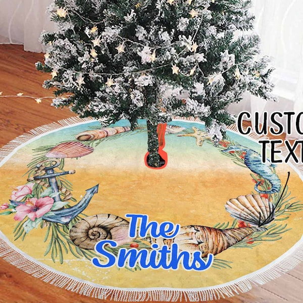 Beachy Christmas, Personalized Blue Christmas Tree Skirt, Shells and Starfish Wreath Tree Skirt, Custom Tree Foot Cover with Fringe