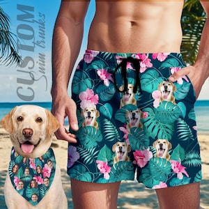 Custom Men swim trunks Beach Shorts Pet Dog Bandana with face, Funny Swim Trunks, Personalized Face Men Swimsuit, Photo Bathing Suit,for Dad