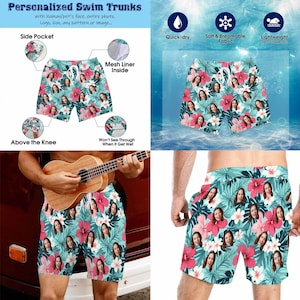 May include: Personalised swim trunks featuring a repeating pattern of a person's face interspersed with pink hibiscus flowers and green palm leaves. The trunks include a white drawstring, side pockets, and a mesh liner, designed to sit above the knee.