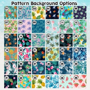 May include: A grid of 36 tropical pattern options, each in a numbered square. Designs include pineapples, palm trees, flamingos, sharks, and floral arrangements in various colors like teal, pink, and blue. The text "Pattern Background Options" is at the top.