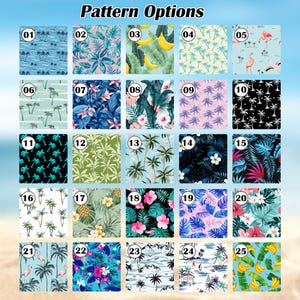 May include: A grid of twenty-five square pattern options labelled 01 through 25. The designs feature tropical themes including palm trees, hibiscus flowers, flamingos, bananas, pineapples, and various leaf prints in diverse colour palettes.