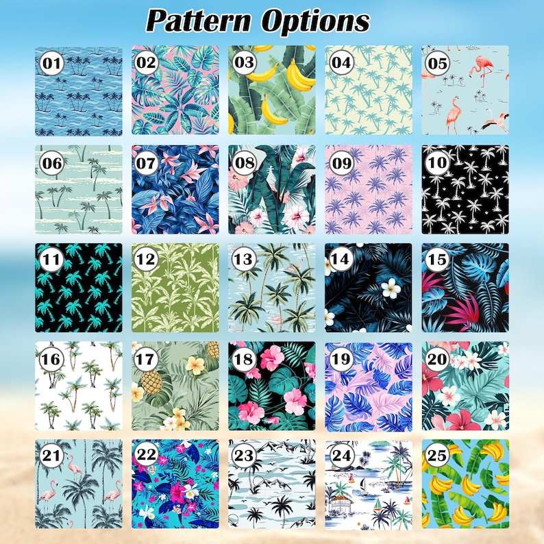 May include: A grid of twenty-five square pattern options labelled 01 through 25. The designs feature tropical themes including palm trees, hibiscus flowers, flamingos, bananas, pineapples, and various leaf prints in diverse colour palettes.