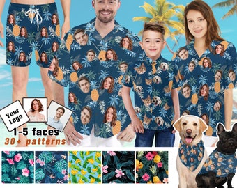 Personalize Face Hawaiian Shirt Swim Trunks Dog Bandana/Shirt, Custom Men Women Kid Tropical Flower Hawaiian Shirt/Short with Face Logo