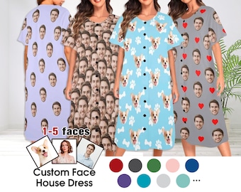 Custom women's House Dress with face,Custom Face pajama dress for Mom Lover,Custom house dress with dog face,Christmas gift