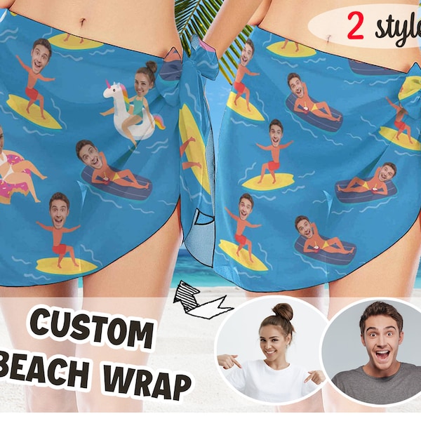 Custom Face Beach Wrap, Personalized Beach Sarong Wrap, Face Bikini Cover up, Customize Swimsuit Cover up, Short Beach Sarong Wrap, Cocktail