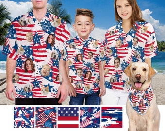 Custom Independence Day Shirt, Personalized Face man women kid Hawaiian Shirt, America Flag Hawaiian Shirt, Customize 4th of July Gift