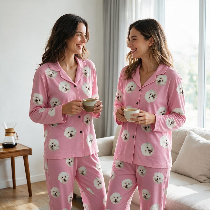 May include: A pink long-sleeved pyjama set featuring a repeating pattern of white dog faces. The top has a collared neckline with a button-down front, and the matching trousers have an elasticated waistband. The fabric is a soft, lightweight material.