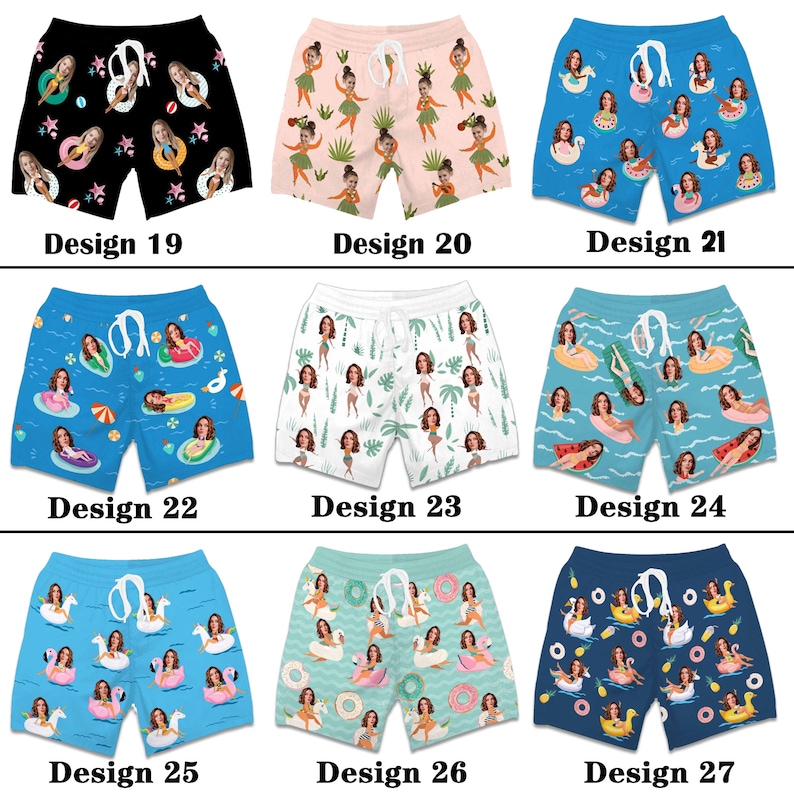 Puede incluir: Nueve dise&ntilde;os diferentes para ba&ntilde;adores de hombre. Cada dise&ntilde;o presenta un patr&oacute;n diferente con una imagen repetida de una mujer en traje de ba&ntilde;o. Los dise&ntilde;os incluyen un fondo negro con estrellas, un fondo rosa con palmeras, un fondo azul con olas, un fondo blanco con palmeras, un fondo azul con una sand&iacute;a, un fondo azul claro con donuts y un fondo azul oscuro con cisnes.