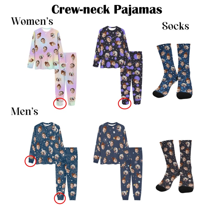 Op de afbeelding: Crewneck pyjama's met een fotoprint ontwerp. De pyjama's zijn verkrijgbaar in twee stijlen: een lang mouw shirt en broek, en een lang mouw shirt en short. De pyjama's worden getoond in verschillende kleuren en patronen. Sokken met een fotoprint ontwerp worden ook getoond.