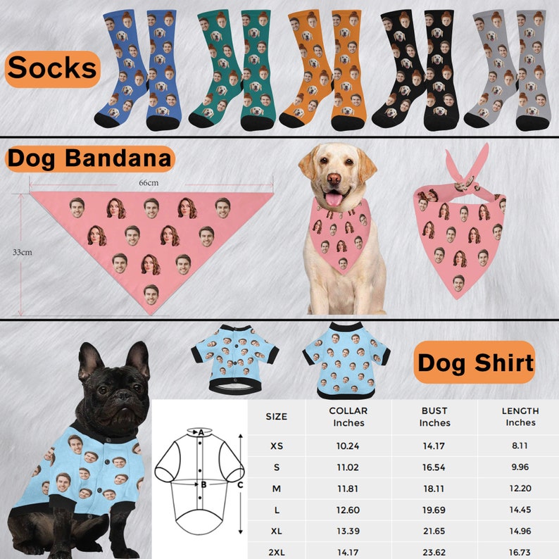 May include: Customised apparel and accessories featuring repeating face prints. Includes five pairs of socks in blue, teal, orange, black, and grey, a pink dog bandana measuring 66cm by 33cm, and a light blue dog shirt with a size chart in inches.