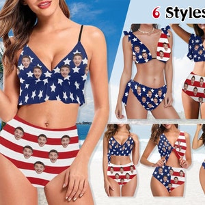 Custom Big Face American Flag Swimsuit,Flag Design Swimsuit, Personalized One/Two Piece Swimwear, Custom Swimsuit with Face, Beach party