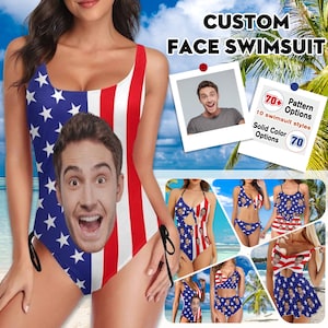 Custom Big Face Swimsuit,American Flag Design Swimsuit,Personalized One/Two Piece Swimwear,Custom Independence Day Face swimsuit party