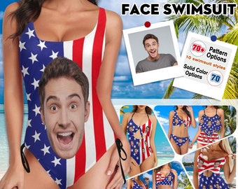 Custom Big Face Swimsuit,American Flag Design Swimsuit,Personalized One/Two Piece Swimwear,Custom Independence Day Face swimsuit party