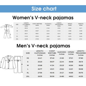 Op de afbeelding: Maattabel voor pyjama's met maten in inches voor zowel heren- als damesmaten. De tabel bevat maten voor lengte, borstbreedte, mouwlengte, heupen en taille.
