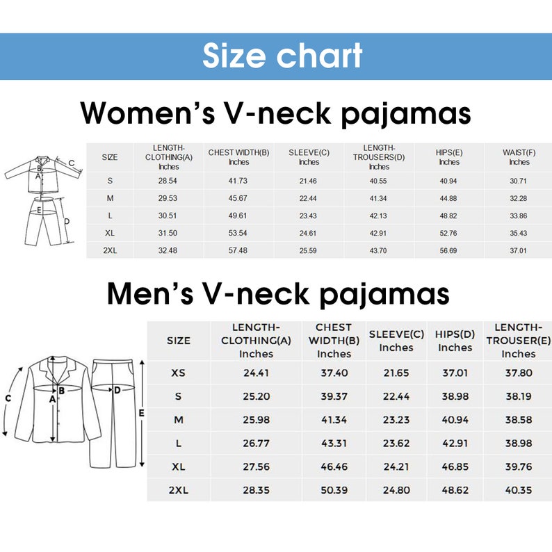 Op de afbeelding: Maattabel voor pyjama's met maten in inches voor zowel heren- als damesmaten. De tabel bevat maten voor lengte, borstbreedte, mouwlengte, heupen en taille.