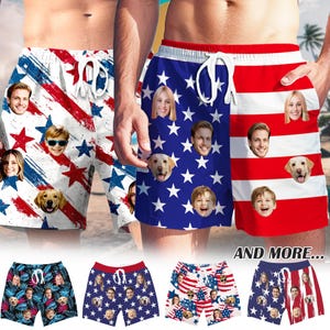 American Flag Swim Trunk, Custom Board Short with Photo, Personalized Face Trunk, Men Face Swimsuit, Pet Face on Trunk, Custom Photo Short