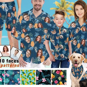 Personalize Face Hawaiian Shirt Swim Trunks Dog Bandana/Shirt, Custom Men Women Tropical Flower Hawaiian Shirt/Short with Face Logo, For Dad