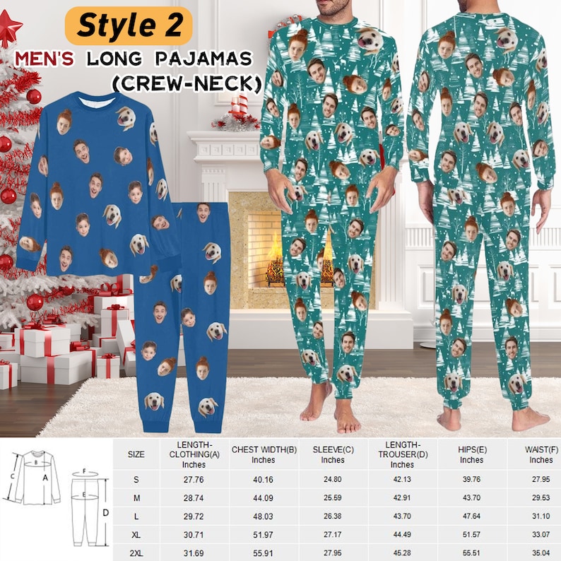 May include: Long-sleeved crew-neck pyjamas featuring a repeating pattern of human faces and dog faces. The set includes a blue version and a green version with a forest print. A size chart with measurements in inches is provided at the bottom.