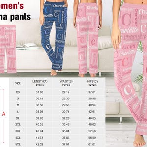 Puede incluir: Una tabla de tallas para pantalones de pijama para mujeres. La tabla muestra las medidas de longitud, cintura y cadera en pulgadas para las tallas XS a 5XL.