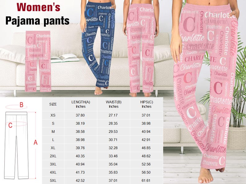 Puede incluir: Una tabla de tallas para pantalones de pijama para mujeres. La tabla muestra las medidas de longitud, cintura y cadera en pulgadas para las tallas XS a 5XL.