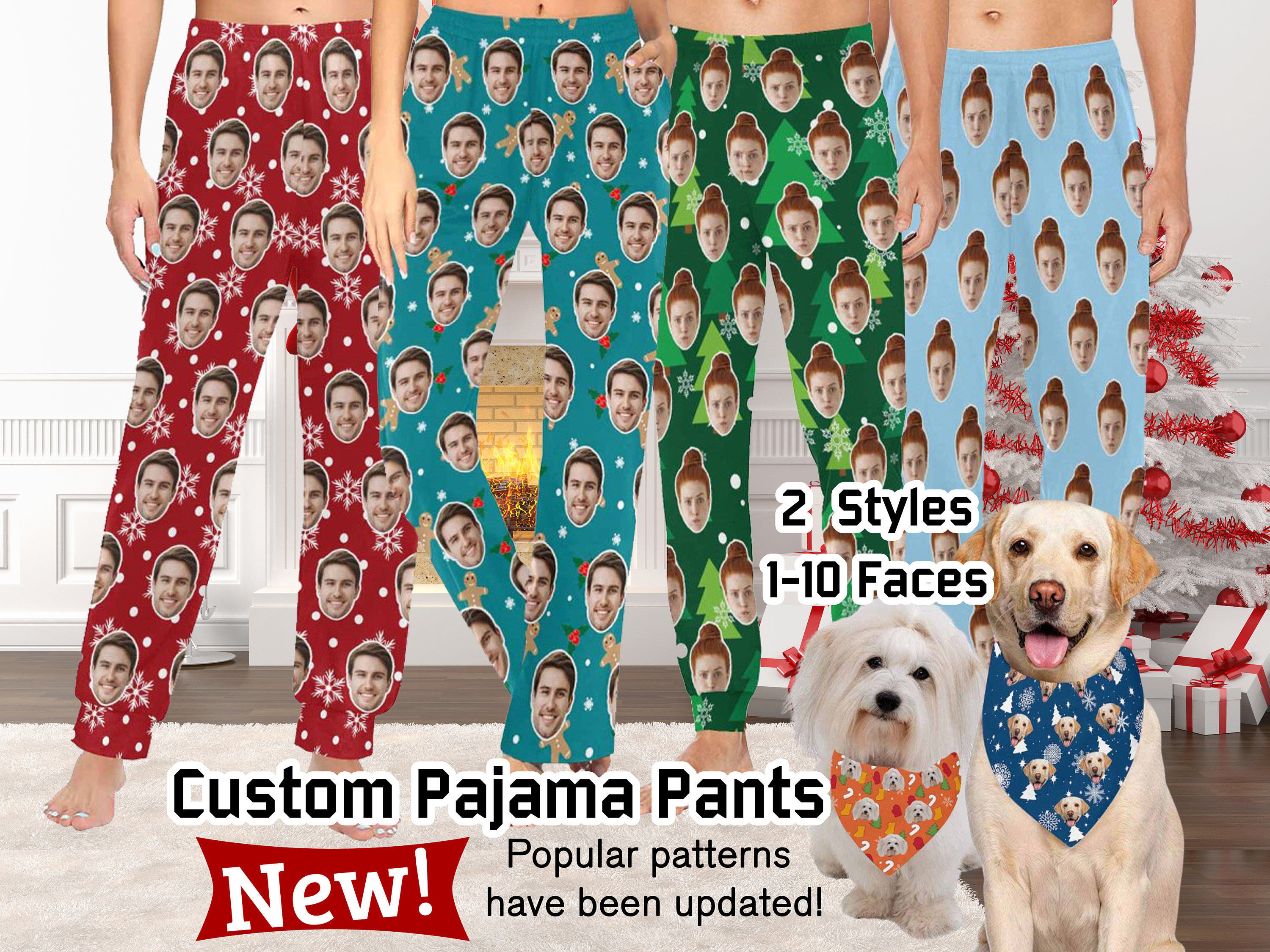 Dog Face Christmas Pajama Pants Funny Add Your Dog's Photo to