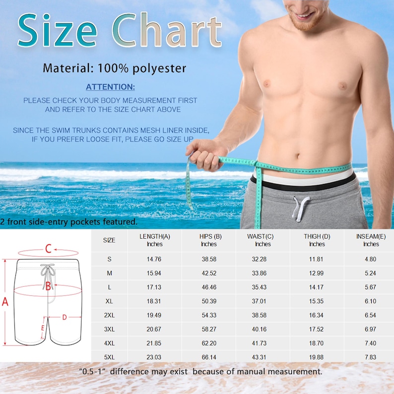 May include: A size chart for swim trunks featuring a table with measurements in inches for sizes S through 5XL. The chart includes columns for length, hips, waist, thigh, and inseam. It specifies 100% polyester material and notes that a 0.5-1 inch difference may exist due to manual measurement.