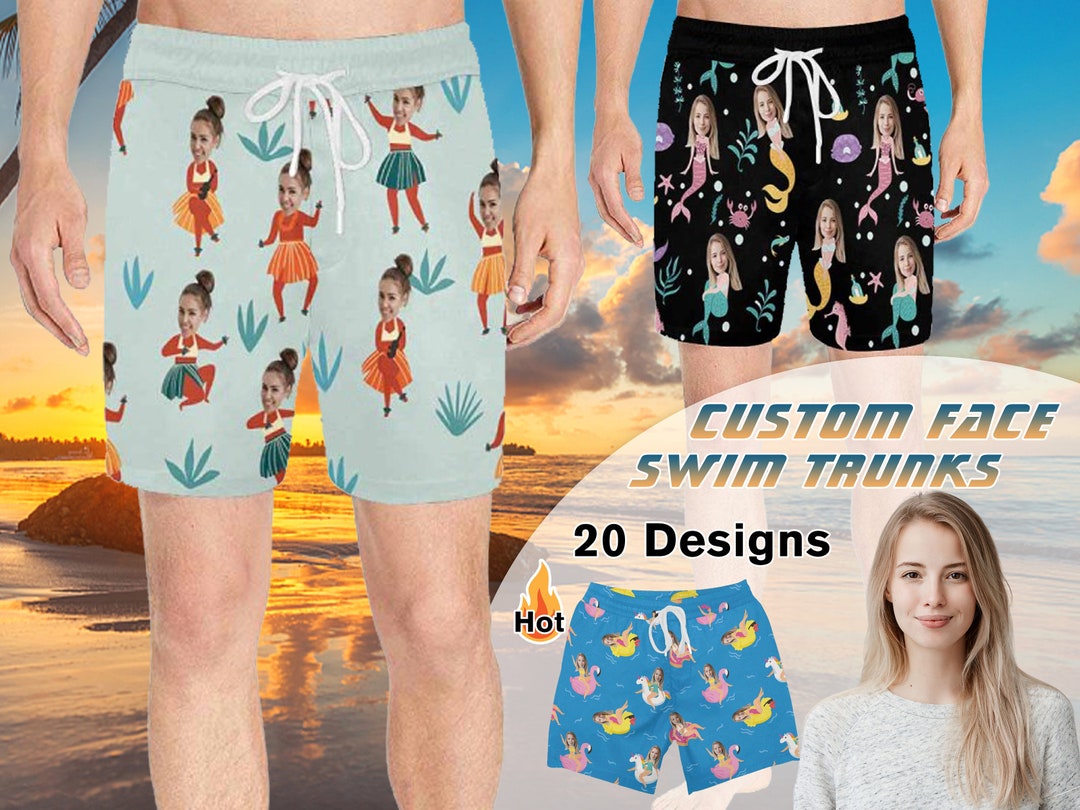 Funny Men Bathing Suit, Custom Swim Trunks, Hawaii Dance Trunk, Personalized Face Swimwear