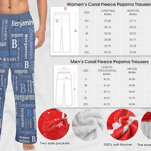 Puede incluir: Pantal&oacute;n de pijama de coral de forro polar con un patr&oacute;n azul y blanco que incluye el nombre "Benjamin" repetido en todo. El pantal&oacute;n tiene dos bolsillos laterales y una cintura el&aacute;stica. Se incluye una tabla de tallas con medidas en pulgadas.