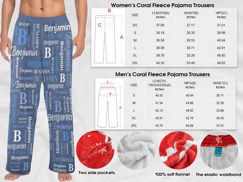 Puede incluir: Pantal&oacute;n de pijama de coral de forro polar con un patr&oacute;n azul y blanco que incluye el nombre "Benjamin" repetido en todo. El pantal&oacute;n tiene dos bolsillos laterales y una cintura el&aacute;stica. Se incluye una tabla de tallas con medidas en pulgadas.
