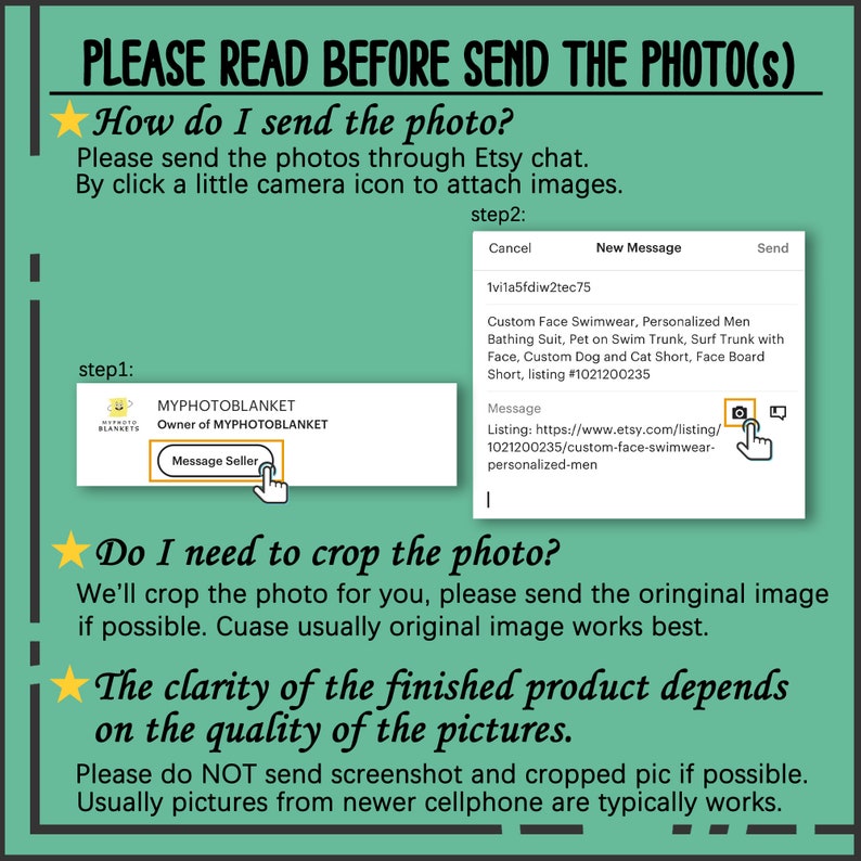 Puede incluir: Un gr&aacute;fico verde y blanco con una estrella amarilla y el texto "PLEASE READ BEFORE SEND THE PHOTO(S)". El gr&aacute;fico proporciona instrucciones sobre c&oacute;mo enviar fotos a trav&eacute;s del chat de Etsy, incluida una captura de pantalla de una ventana de chat con el texto "Nuevo mensaje" y "Enviar". El gr&aacute;fico tambi&eacute;n incluye una captura de pantalla de una ventana de chat con el texto "Message Seller" y el texto "MYPHOTOBLANKET Owner of MYPHOTOBLANKET".