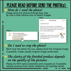 May include: A green and black graphic with instructions on how to send photos via Etsy chat. The text includes steps on attaching images, cropping, and the importance of photo quality for the finished product.
