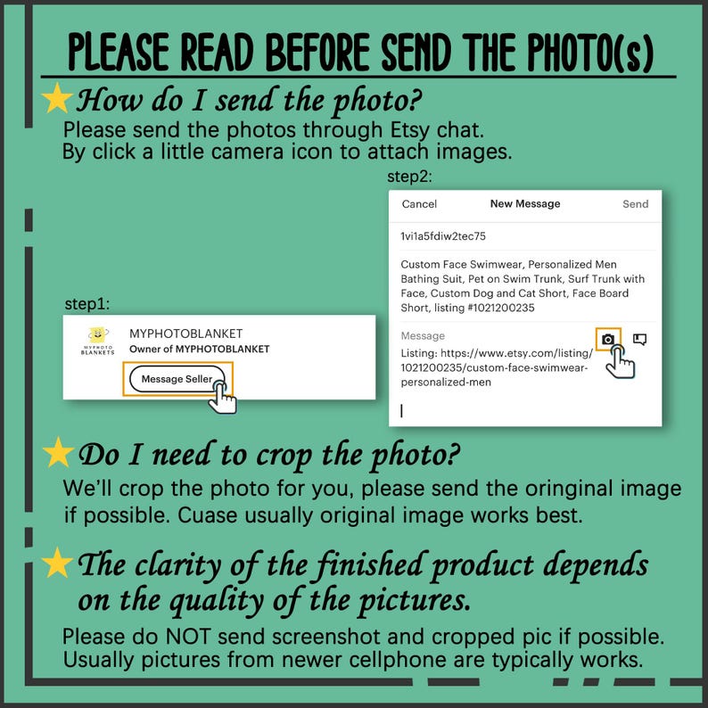 May include: A green and black graphic with instructions on how to send photos via Etsy chat. The text includes steps on attaching images, cropping, and the importance of photo quality for the finished product.