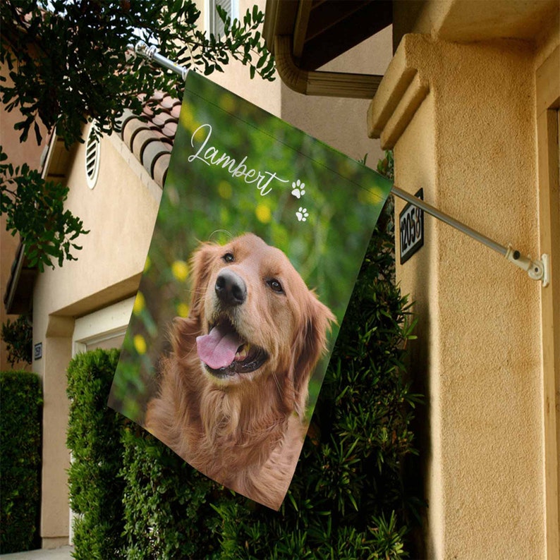 May include: A garden flag displaying a Golden Retriever's portrait with its tongue out. The flag is personalized with the name "Lambert" in cursive and paw prints. The background is a blurred green with yellow flowers.