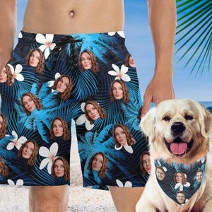 Custom Men swim trunks Beach Shorts with face,Best gifts for Dad,Funny Swim Trunks,Matching Pet Dog Bandana,Personalized Face Men Swimsuit
