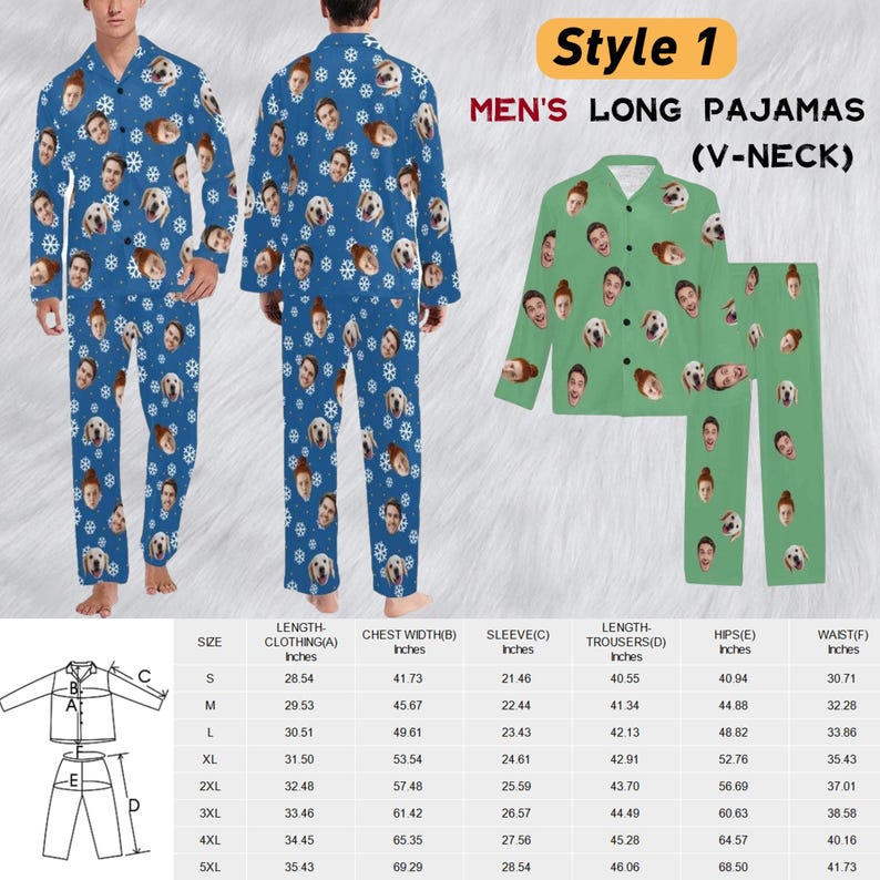 May include: Long pyjamas with a V-neck, featuring a repeating pattern of faces and snowflakes. Available in blue or green, the set includes a long-sleeved button-up top and matching trousers. A size chart with measurements in inches is included.